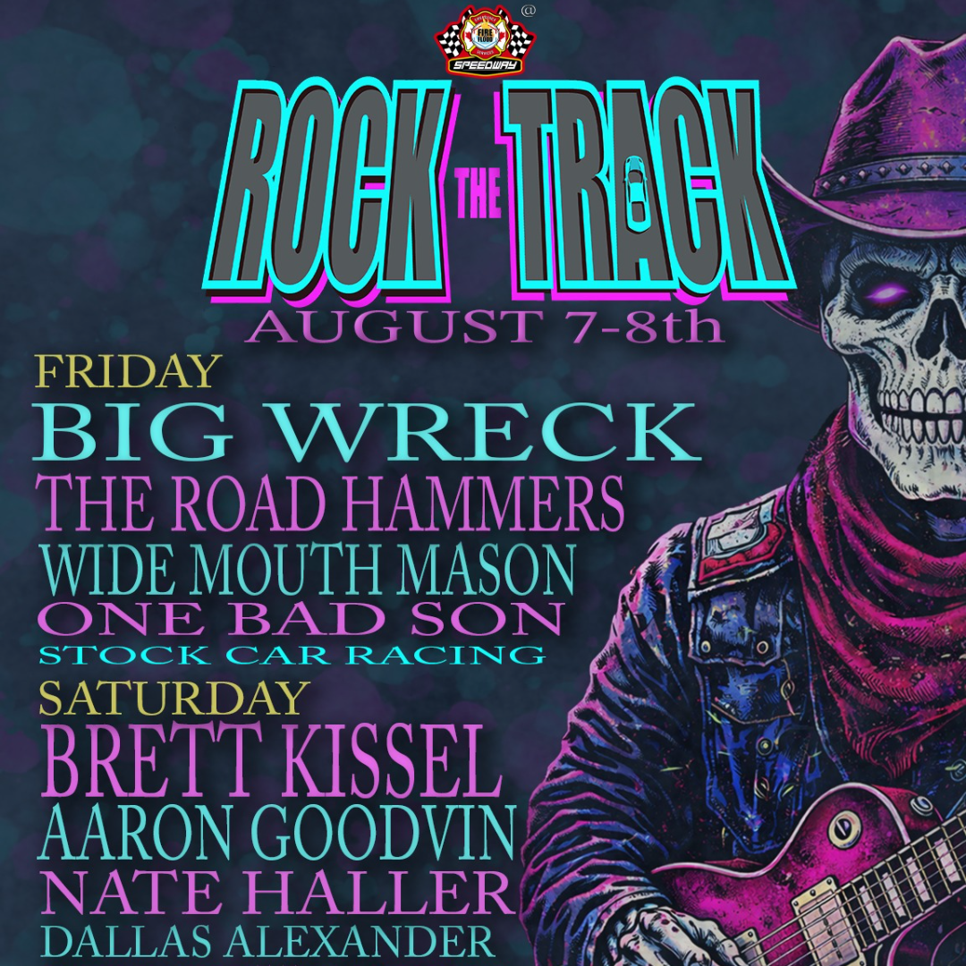Rock The Track 2026 event artwork featuring Friday and Saturday performer lineups